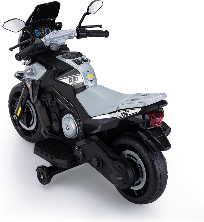 TOBBI 12V Electric Motorcycle for Kids Ride on Toys Toddler Motorbike Battery Powered Off-Road Dirt Bikes w/Music/Headlights/Training Wheels, Gifts for Boys & Girls, Silver