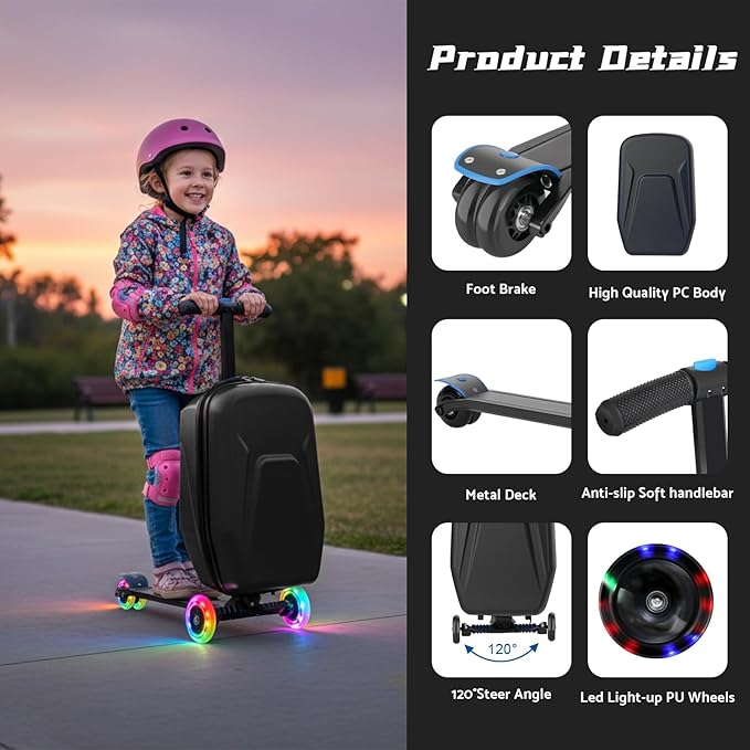 20" Hardshell Scooter Suitcase for Kid & Adult Foldable 2 in 1 Ride on Carry on Travel Trolley Scooter Luggage With Wheels