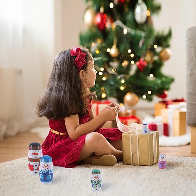 Chirstmas Russian Nesting Dolls, 2 Pack Wooden Handmade Nested Set Matryoshka Dolls, Russian Stacking Dolls Toys for Kids Toddlers Happy Chirstmas Home Decoration Gift(Santa Snowman)