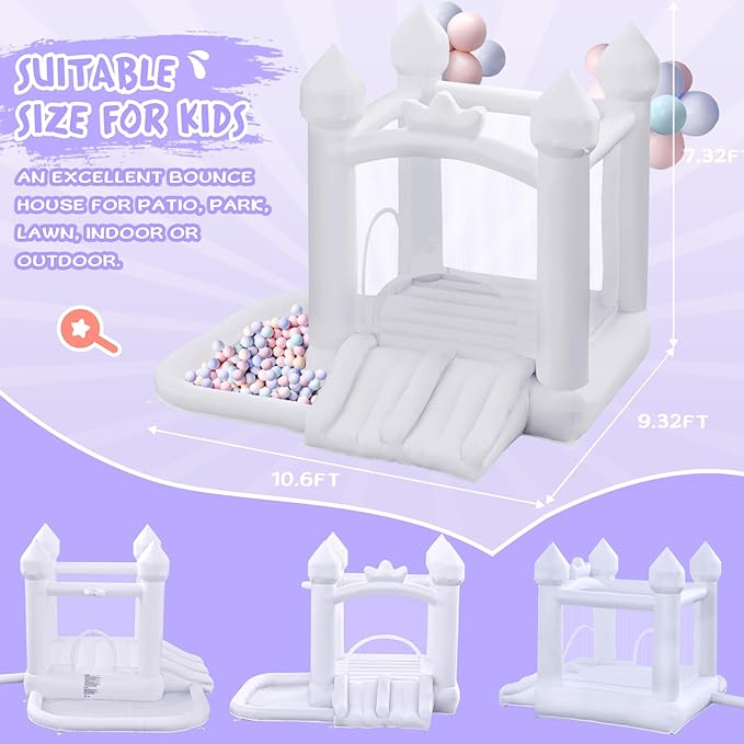 White Bounce House, Inflatable Bounce Castle with Double Slide Ball Pit 370W Blower Bouncer for Toddler, Bounce House Bouncy Castle for Indoor Outdoor Backyard Wedding Kids Birthday Party