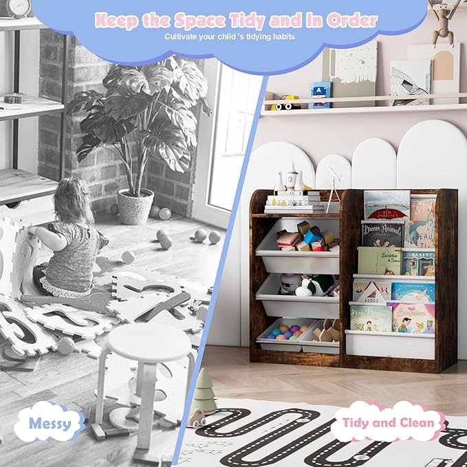 Rustic Kids Wood Bookshelf Toy Storage Box Organizer Shelf W/4 Removable Plastic Toy Bins Children Bookcase Toddler Baby Sling Book Rack Cabinet Chest Girl Boy Gift Playroom Classroom Bedroom Nursery