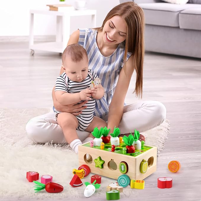 SKYFIELD Montessori Wooden Garden Toy for Baby Boys Girls 1 2 3 Years Old, Fine Motor Skills Developmental Gift Toy Color Shape Fruit Sorting Orchard Cart Farm Game for Toddler 1-3