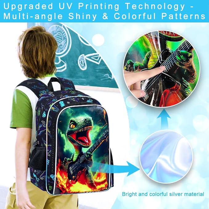 16" Dinosaur Backpack for Boy, 3Pcs Bookbag for Elementary Preschool Kindergarten, Kids School Backpacks with Lunch Box (Black)