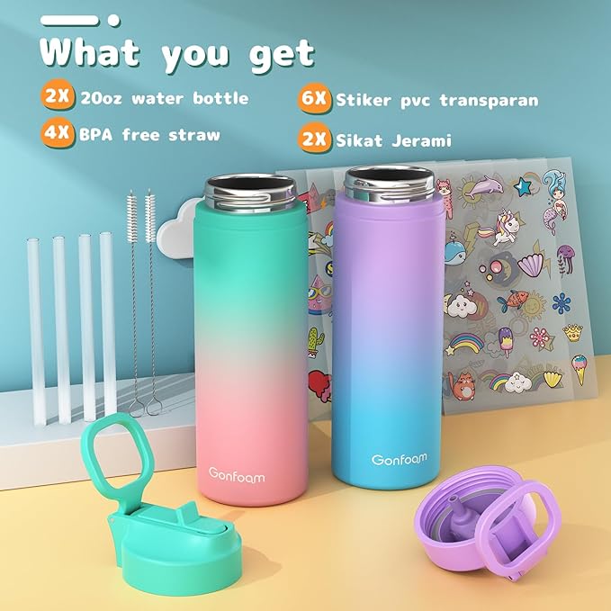 Kids Water Bottle, 2-Pack 20oz Water Bottles with Stickers and Straw, Stainless Steel Vacuum Insulated cup, Kids Water Bottle for School, Gifts for Boys and Girls(Purple/Green)