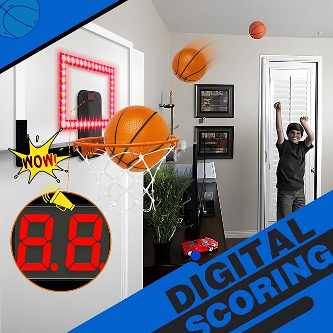 TOY Life Basketball Hoop LED Scoresboard Indoor Basketballhoop Wall Mount Over The Door Backboard for Teens Adults Boys Toys Age 8-10 Games Indoor with 4 Balls