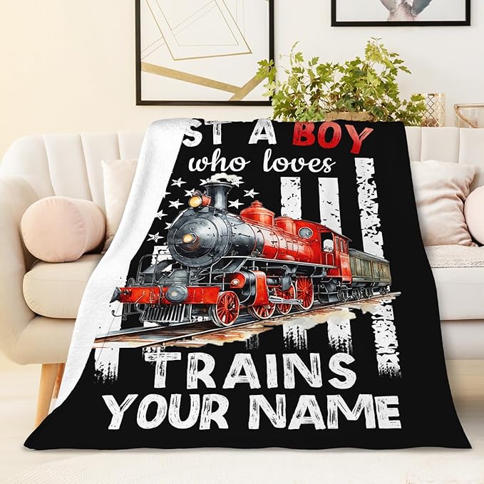 Personalized Train Blanket for Boys - Cute Throw Blanket Gifts for Kids Cars Lovers - Custom 50x60 Inches Black Soft Car Blankets for Sofa Couch - Trains Stuff Bedroom Decor