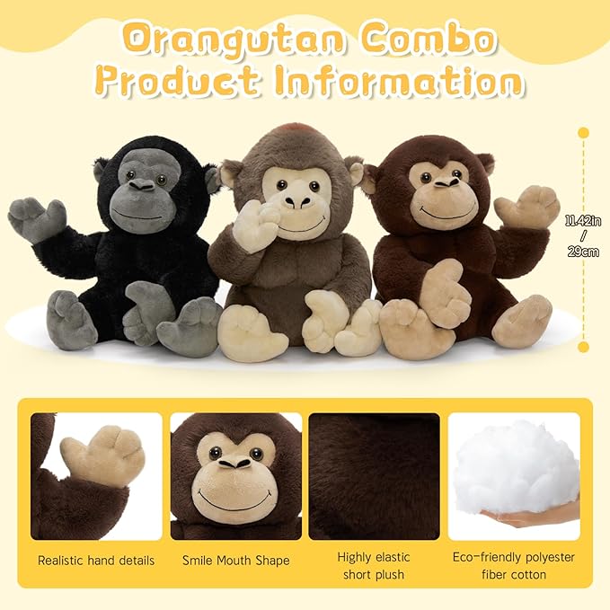 Tezituor 3 Packs Gorilla Stuffed Animals, Orangutan Plush Toy Gifts for Kids 12 Inches