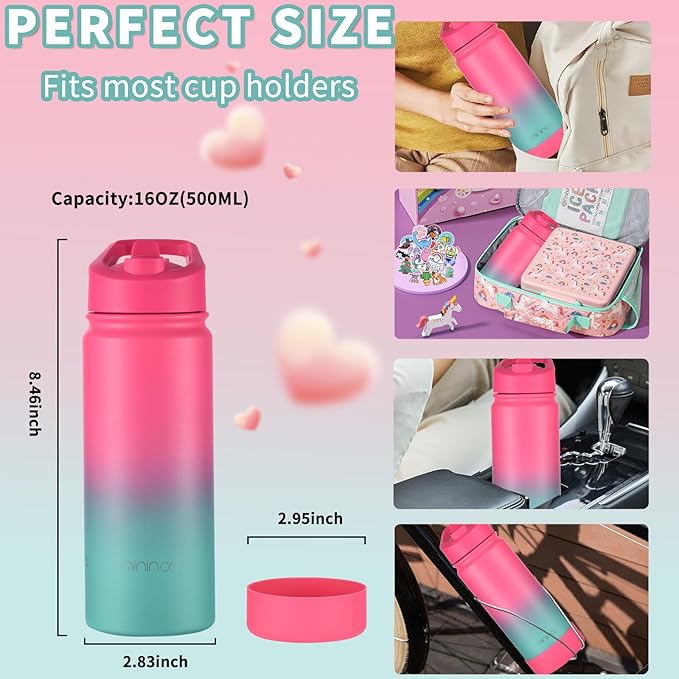 Mininoo Kids Water Bottle for School, 16oz Metal Stainless Steel Water Bottle Kids with Straw Lid（Punch/Green）