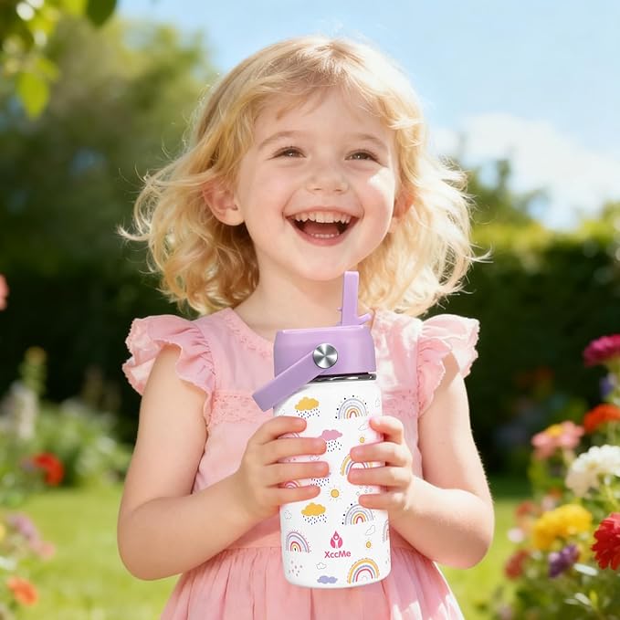 14 oz Rainbow Kids Water Bottle With Straw Lid,Stainless Steel Travel Bottle,Double Wall Leak Proof Kids Cup,Insulated Tumbler for Toddlers,Metal Bottle for School Boys Girls