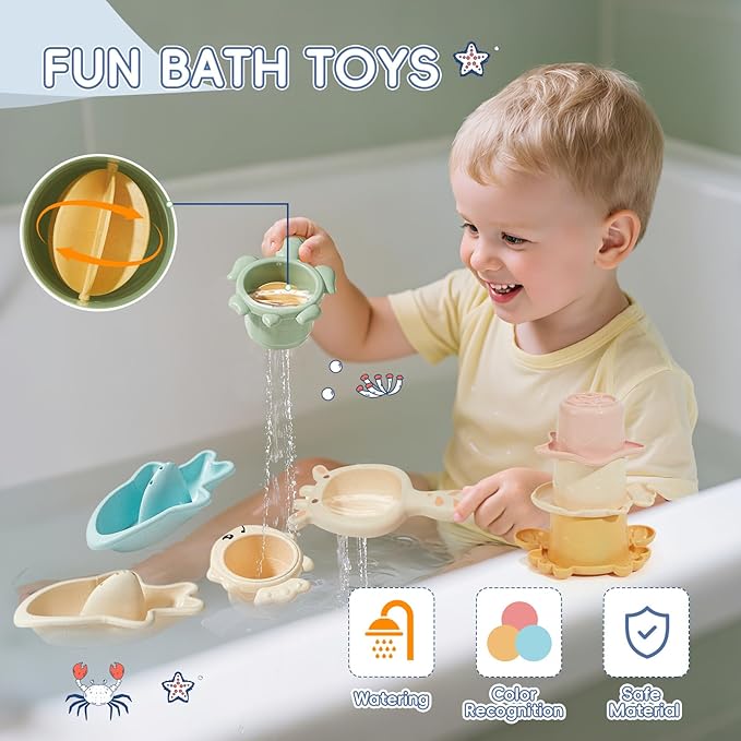 Mold Free Bath Toys for Kids Ages 1-3, 21PCS Baby Bath Toys for Toddlers 2-4 with Shape Sorting and Stacking Cups, Montessori & Educational Bathtub Water Toys with Container for Baby Stocking Stuffers