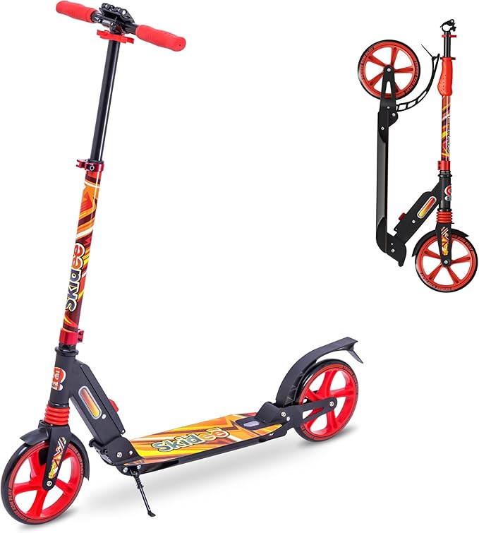 Skidee Adult & Teen Scooter Adjustable Height, Folding, Large Wheels, Lightweight, Durable, Anti-Shock Suspension, Up to 220 lbs