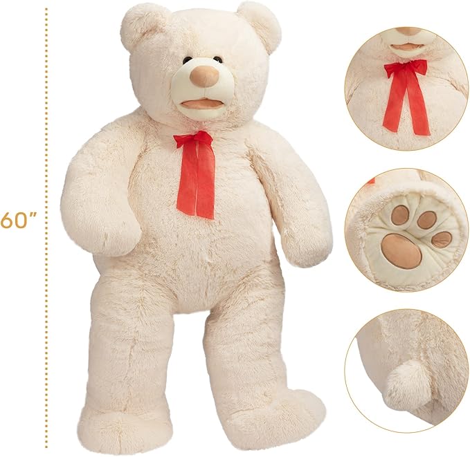 HollyHOME 5ft Giant Teddy Bear Stuffed Animal Huge Teddy Bear Plush with Big Footprints Valentines Gift 5 Feet Beige