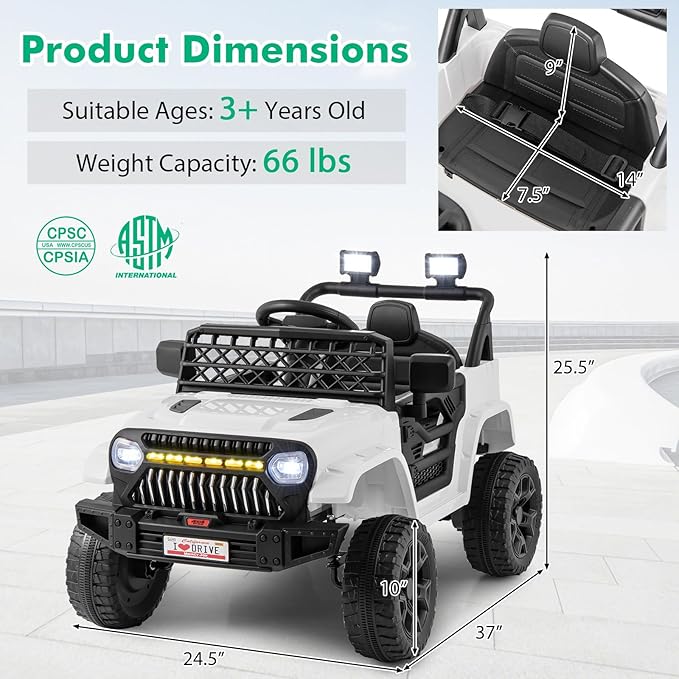 Costzon Kids Ride On Truck, 12V Battery Powered Electric Vehicles w/Remote Control, Spring Suspensions, 3 Speeds, Music, Lights, Wireless Connection, Ride on Car for Boys & Girls 3+ (White)