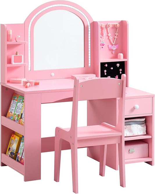 Kids Vanity Set with Lights, 2 in 1 Princess Makeup Vanity Desk with Jewelry Storage, Open Bookshelf, Storage Cabinet & Shelves for Little Girls (Pink)