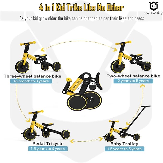 4 in 1 Kids Tricycle with Parent Push Handle | Toddler Tricycle Kids Bike Children Balance Bike | Lightweight & Portable Push Bike with Removable Pedals | Foldable Trike with Adjustable Seat Design