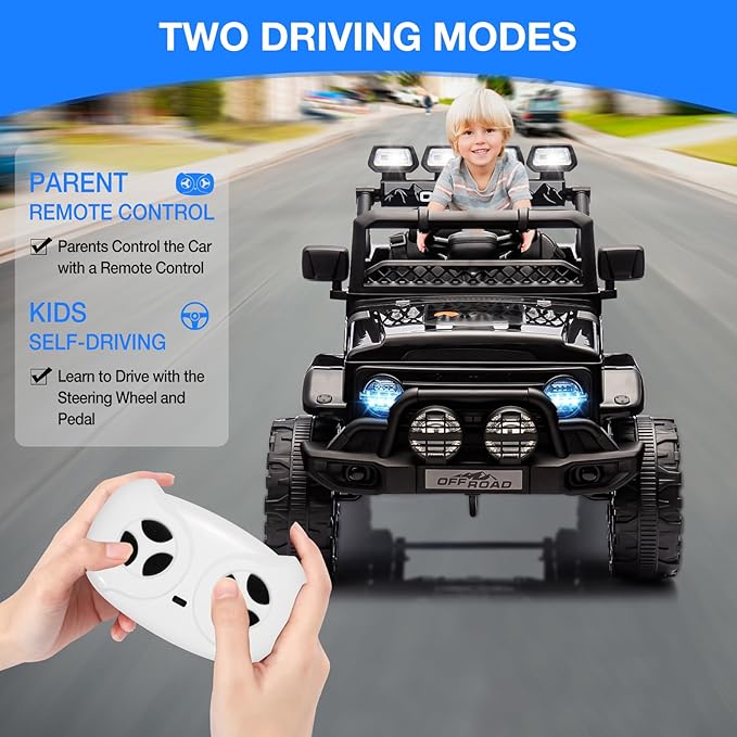 Ride On Truck Car 12V, Electric Vehicle w/Remote Control, 3 Speeds, LED Lights, Music, Spring Suspension, Ride on Car for Kids