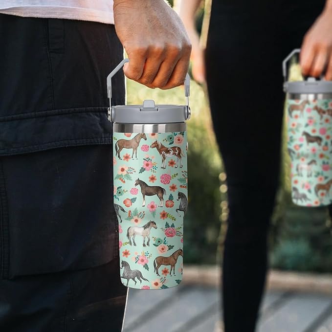 30 oz Horse Flip Straw Tumbler with Handle, Cute Floral Horse Insulated Stainless Tumbler Coffee Cups Water Bottle CoffeeTravel,Horses Gifts for Women Horse Lovers Girls