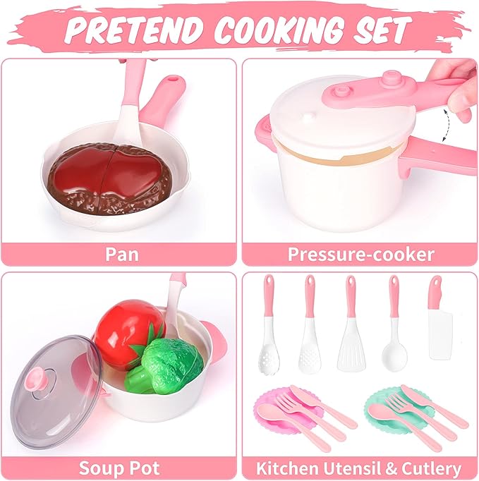 Kids Play Kitchen Accessories Set, Pretend Kids Pots and Pans Playset Toddler Cooking Set Play Kitchen Toys with Fake Play Food Dishes Utensils for Girls Boys Ages 1 2 3 4 5 6 7 8, Pink
