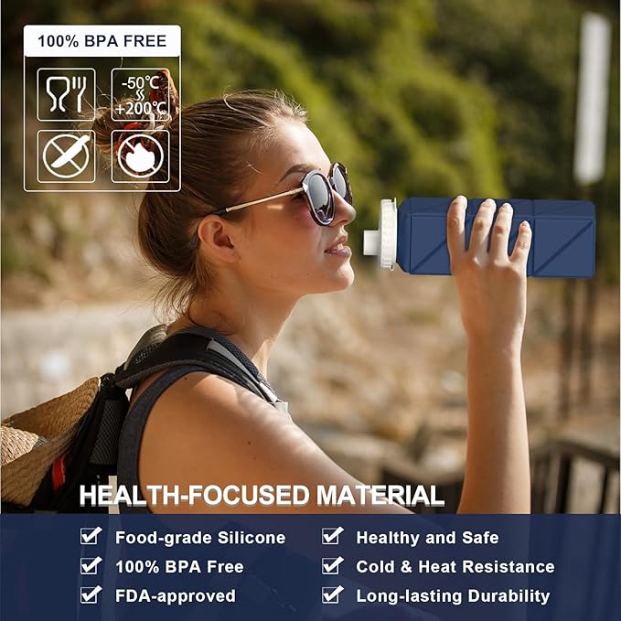 Collapsible Water Bottles 20.6oz, Silicone Foldable Portable Travel Water Bottle, Lightweight Reusable Leakproof for Traveling Camping Hiking Cycling Yoga Sports Outdoor, 1 Pack (Dark Blue)