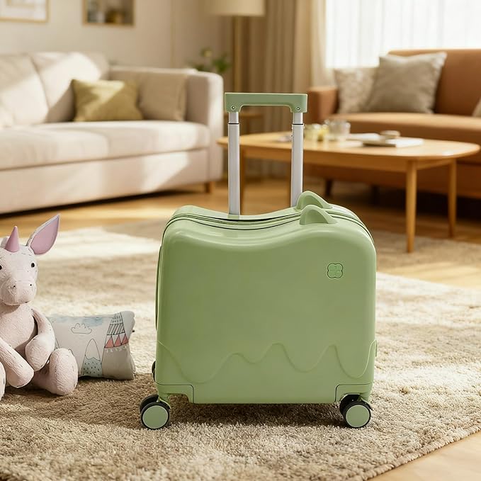 18" Children's Ride On Trolley, Ride-on Travel Suitcase, Cute Ear Toddler Carry on Luggage with Spinner Wheels, Children Rolling Trolly Luggage, Boys Girls Travel Suitcase with Lock (Olive Green)