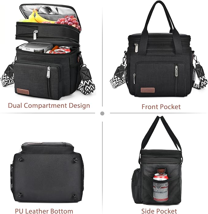 LOKASS Lunch Bag& Lunch Box for Men Women Double Deck,Large Insulated Adult Lunch Box Leakproof Lunchbox Cooler Bag for Work Picnic Beach,（Black,16L）