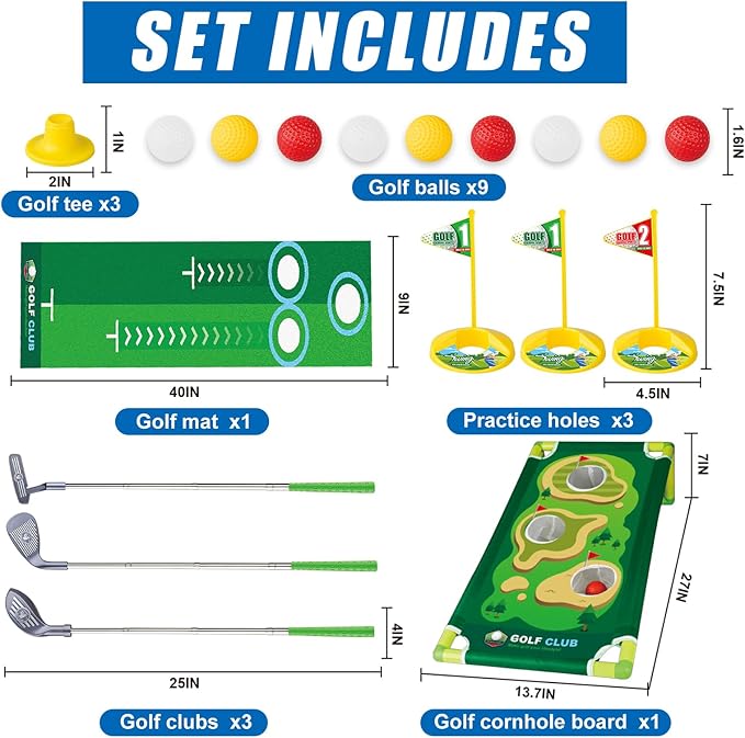 Toddler Golf Toys Set - Adjustable, Upgraded Kids Golf Clubs & Putting Mat, Indoor & Outdoor Backyard Game Toy Playset Gifts for Aged 2-8 Toddlers & Kids (Grey, M)