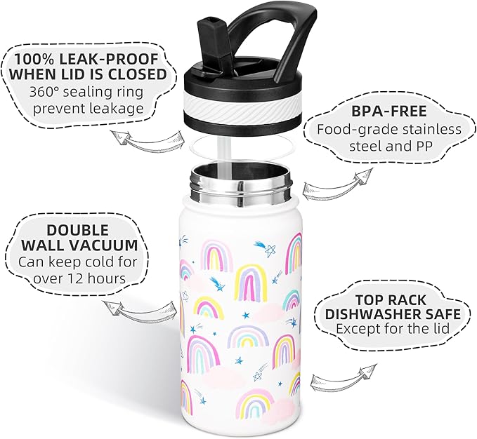 Fanhaw 14 Oz Kids Insulated Water Bottle with Straw - Stainless Steel Double Wall Vacuum Cup, Leakproof, BPA Free, Suitable for Boys and Girls(White - Rainbow Dream)