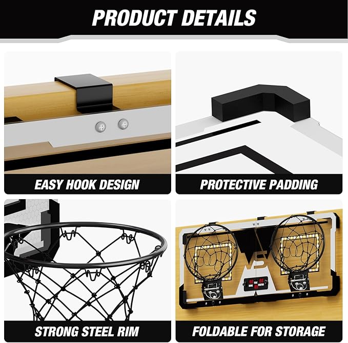 2 Player Basketball Game, Dual Shot Over The Door Mini Basketball Hoop Indoor with Scoreboard & LED, Basketball Toy Gifts for Kids Boys Girls Adults, Suit for Bedroom/Office/Outdoor/Pool, Black