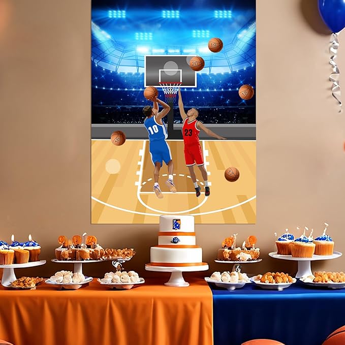 PLULON Basketball Party Game for Kids Pin The Basketball on The Hoop Game Basketball Poster with Basketball Stickers for Boys Girls Birthday Party Wall Decorations Classroom Activities
