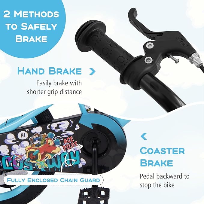 BABY JOY Rabbit Pilot Sporty Kids Bike, 12 14 16 18 Inch Child Bike for 3-8 Years Old with Adjustable Height, Training Wheels, Storage Basket, Handbrake & Coaster Brake, Kids Bicycle for Girls Boys