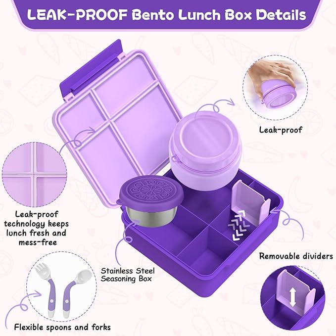 Kids Bento Lunch Box with 8oz Soup Thermo, Kids Leakproof Lunch Food Containers with 4 Compartment,Insulated Hot Food Jar with Lunch Bag for School, Travel (Purple)