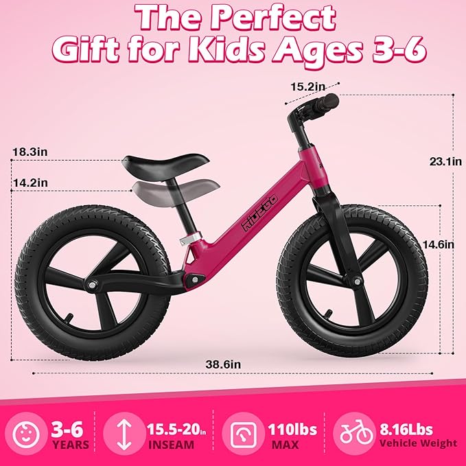 Ridego 14 Inch Balance Bike for Kids 3-6 Year Old,Lightweight Kids Bike with Adjustable Seat, Push Bicycle with Air Rubber Tires，Ride-on Toys Birthday Gift