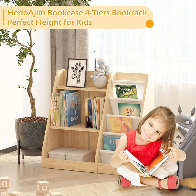 White 3 Tier Kids Bookshelf Toddler Book Rack for Book Toy Storage Organizer Children Bookcase 4 Sling Adjustable Book Display Shelf for Nursery Playroom Kids Baby Bedroom