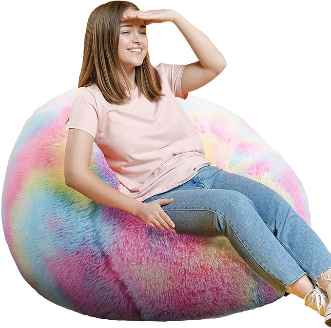 Fluffy Bean Bag Chair, 3FT Round Memory Foam Filled Bean Bag for Teens & Kids, Ultra Soft Faux Fur Fabric Bean Bag Chairs for Playroom, Living Room, Bedroom, Rainbow