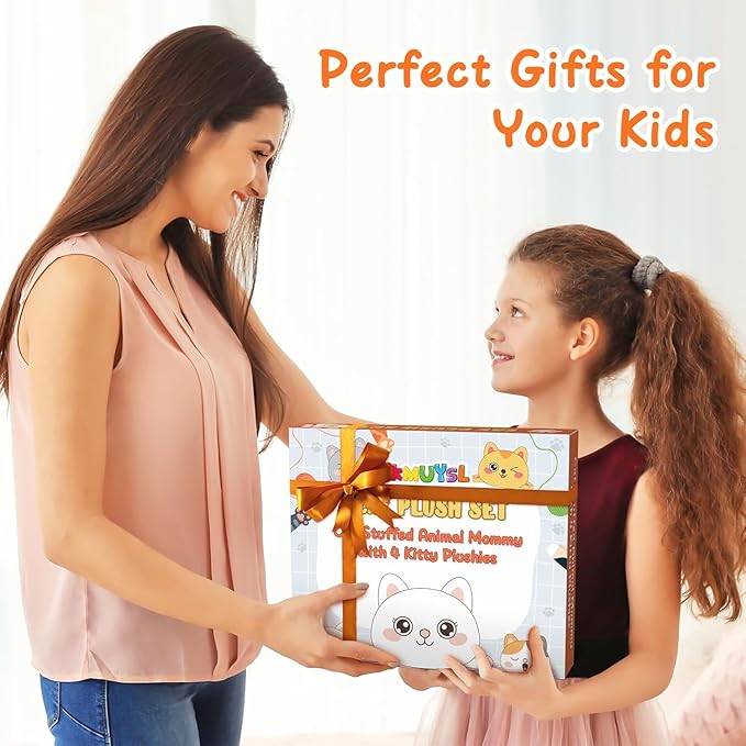 KMUYSL Cat Stuffed Animals Toys for Ages 0 1 2 3 4 5 6 7 8+ Years Old Kids - Mommy Cat with 4 Baby Kitty in Her Tummy, Idea Xmas Birthday Gifts for Baby, Toddler, Girls, Boys