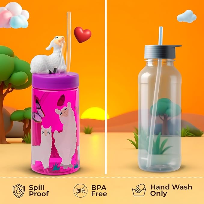 Kids Water Bottle, Toddler Cups, Tumbler with Lid and Straw, Travel Sippy Cup for Water or Milk, Kids Cups with Lids for Toddlers 3 and Up, BPA Free Plastic, 12 oz (Trend Zoo Llama)