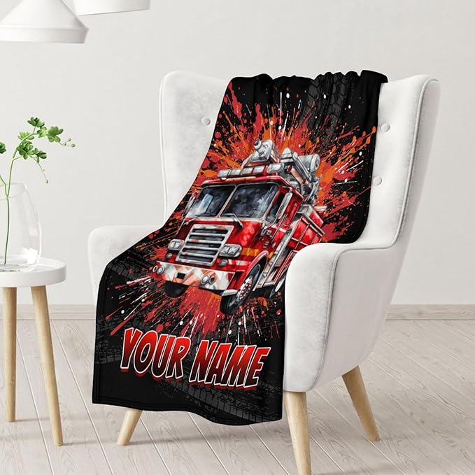 Personalized Fire Truck Blanket for Boys - Cozy Fuzzy Flannel Throw Gifts for Teens, Men - Firefighter Throws Blankets Decor for Couch, Sofa