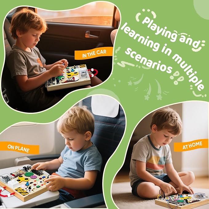 Montessori Wooden Busy Board Toys for 1 2 3 Years Old Boys Girls,Toddler Sensory Educational Fidget Board Travel Toy with LED Light Up Switches & Music Boxes, Locks for 1 to 6 Year Kids Gifts