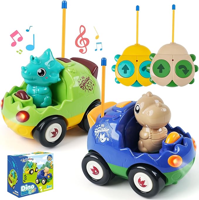 2-Pack Remote Control Dinosaur Cars for Kids – Best Birthday Gifts for Boys Ages 2 3 4 5 Year Old, Electric RC Dino Car Toys for Toddlers 18+ Months with Lights and Music