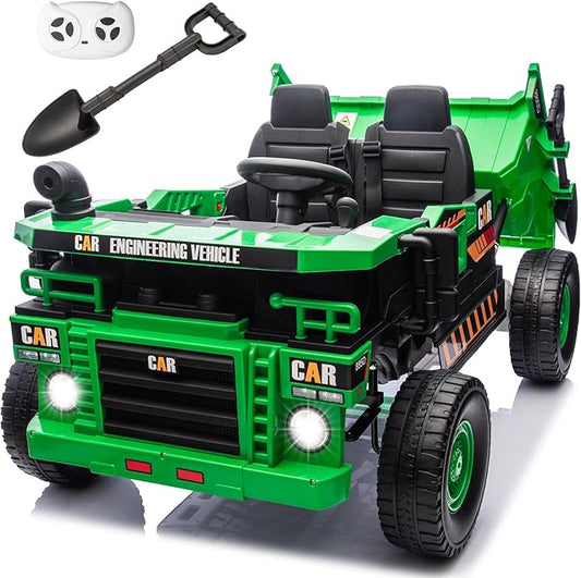 12V 10AH 2-Seater XL Kids Ride on Truck Electric Toy Car with Electric Dump Bed and Extra Shovel, Parents Remote Control, Up to 4Mph, 19.4" Spacious 2 Seats for Boys and Girls Ages 3+, Geen