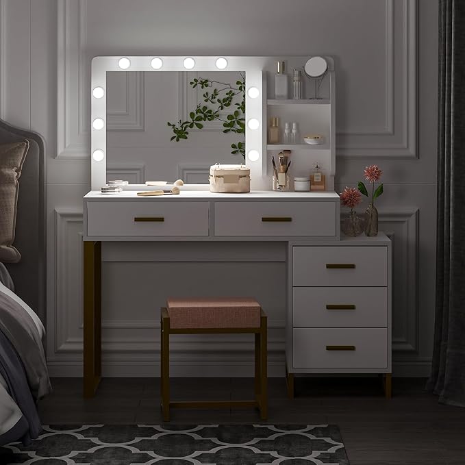 Makeup Vanity Desk with Mirror with Lights,Vanity with Lighted Mirror,3 Lighting Modes Adjustable,Vanity Desk with 5 Storage Drawers,Vanity Set with Bench