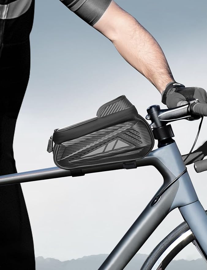 Bike Phone Holder Bag, EVA Waterproof Bicycle Front Frame Bag, Bike Accessories Cycling Pouch with Sensitive TPU Touch-Screen, Bicycle Phone Mount with Rain Cover for Phone under 6.5"(Black, 6.5 inch)