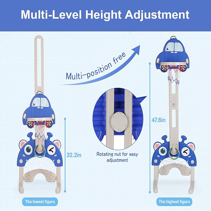 5 in 1 Adjustable Height Sports Center for Toddler 3-5, Indoor Toy Set with Basketball Hoop Soccer Golf Hoops Dart, Best Sports Toys (Blue, Basketball + Soccer + Golf + Hoops + Dart)