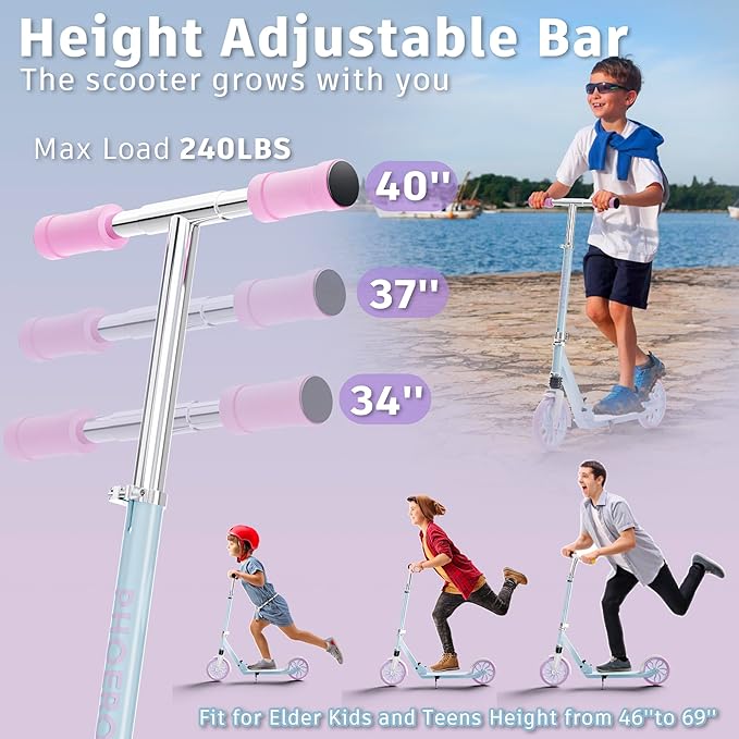 PHOEROS Kick Scooter for Kids Ages 6-12,Teens & Adults, Youth. Lightweight Aluminum Kick Scooter for Teens Adults Boys Girls with 8 inch Big Wheels, Foldable, 3 Height Adjustable, Shock Absorption.