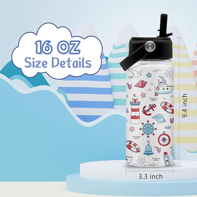 Nautical Gifts for Kids Boys, 16 oz Water Bottles with Straw Lid, Stainless Steel Insulated Ocean Water Bottle for Travel Outdoor, Navigation Lighthouse Cups Gifts for Birthday Christmas