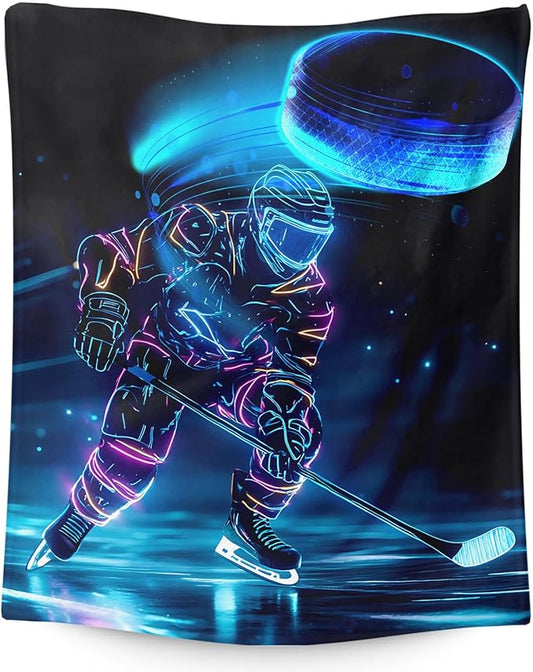Ice Hockey Soft Cozy Sports Blanket - 80 x 60 Inches for Boys Men, Puck Lovers - Warm Fuzzy Throw for Bed, Living Room, Home Decor, Hockey Team