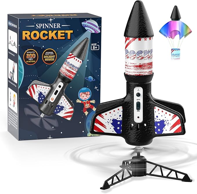 Rocket Launcher for Kids, Self Launching Motorized Air Rocket Toy, Outdoor Toys for Ages 8-12, Model Rockets with Parachute Safely Land, Spaceship Launch up to 200 ft Birthday Gifts for Boys