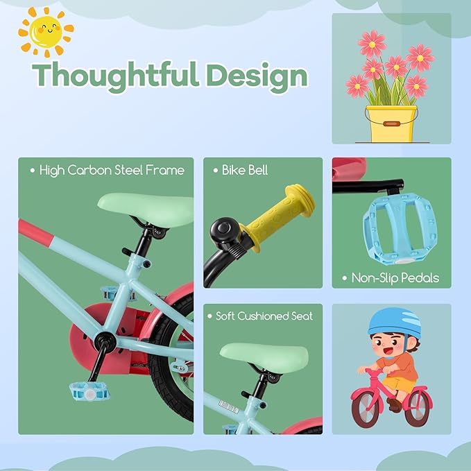 BABY JOY Colorful Macarons Kids Bike, 12 14 16 18 Inch Sporty Children's Bicycle with Training Wheels, Adjustable Handlebar & Saddle, Handbrake & Coaster Brake, Boys Girls Bike for 3-8 Years Old