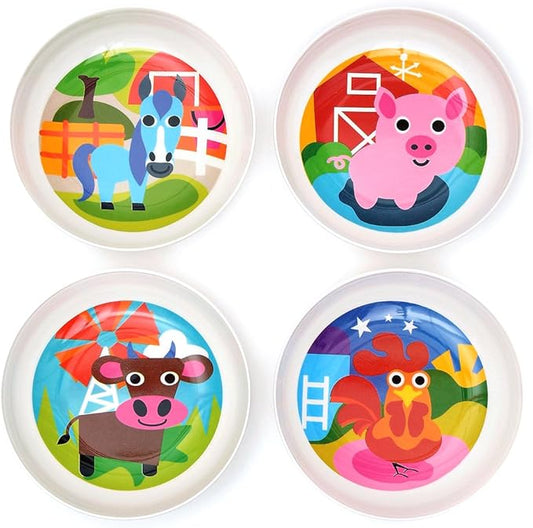 French Bull 4pc Toddler Kids Feeding Melamine Tableware Flatware BPA Free Dishwasher Safe, Durable Plate, Cup, bowl, Divided Tray Dinnerware Set, Farm, 4pc bowl set (74292)