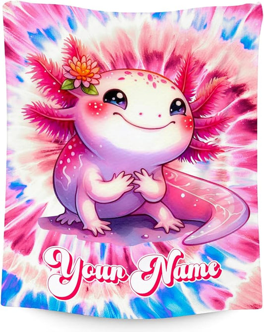 UNIKITTY Axolotl Blanket, Girls Blankets Gifts for Kids, Custom Tie Dye Throw for Toddlers, Personalized Cozy Fleece Throws for Sofa (4 Sizes)